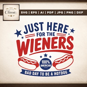 以下が含まれることがあります： 青と赤でJUST HERE FOR THE WIENERSと書かれたデジタルグラフィックデザイン。ホットドッグのイラスト2点、100% AMERICANの円形バッジ、青い帯にBAD DAY TO BE A HOTDOGの文字があり、上部にファイル形式が記載されています。