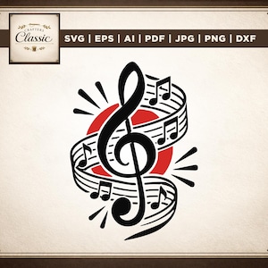 Pode incluir: Uma clave de sol preta centralizada sobre um círculo vermelho sólido, cercada por uma pauta musical em espiral com notas musicais pretas. O design inclui pequenas linhas pretas radiantes e o texto Crafter's Classic SVG EPS AI PDF JPG PNG DXF.