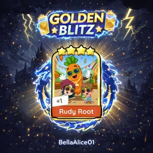 May include: A digital game card titled Rudy Root featuring a central anthropomorphic carrot character wearing green sunglasses and a gold chain, flanked by two smaller cartoon figures, all set against a festive background with bunting.