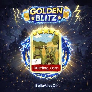 May include: A digital game card titled Rustling Corn featuring a field of corn stalks under a blue sky with birds, surrounded by a glowing blue dragon emblem and lightning effects, with the text Golden Blitz displayed at the top of the image.