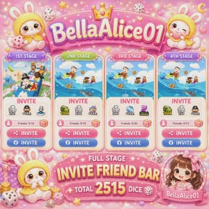 Può includere: Una grafica rosa e bianca con il testo "BellaAlice01" ed elementi dell'interfaccia di gioco. Il design include coniglietti dei cartoni animati, dadi e pulsanti di invito. L'immagine è progettata per un gioco mobile.