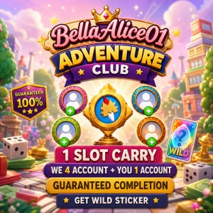 Op de afbeelding: Een digitale afbeelding voor BellaAlice01 Adventure Club met een centraal gouden embleem, vier ronde gebruikersslots en een wildkaart-icoon. De tekst bevat 1 SLOT CARRY, WE 4 ACCOUNT + YOU 1 ACCOUNT, GUARANTEED COMPLETION en GET WILD STICKER.