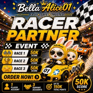 Op de afbeelding: Een promotionele afbeelding voor het BellaAlice01 Racer Partner evenement met twee cartoonkonijnen in een gele racewagen met nummer 01, geblokte vlaggen en tekst met details over racescores, spelersaccounts en 150K totaalpunten.