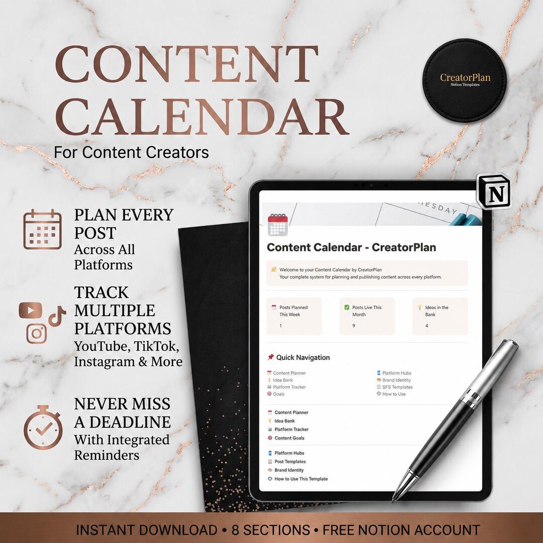 Content Planner Notion Template | Social Media Calendar, Youtube ...