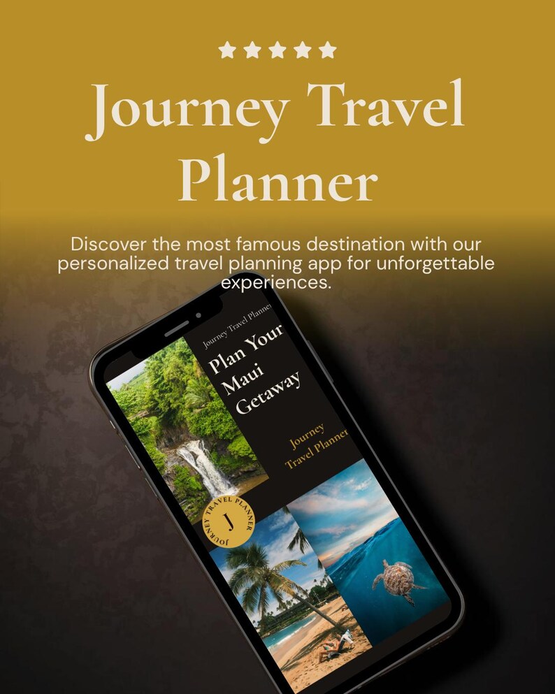 Puede incluir: Un tel&eacute;fono inteligente que muestra la aplicaci&oacute;n "Journey Travel Planner". La interfaz de la aplicaci&oacute;n muestra destinos de viaje con el texto "Planifica tu escapada a Maui". El fondo es un degradado dorado y negro con el texto "Descubre el destino m&aacute;s famoso..."