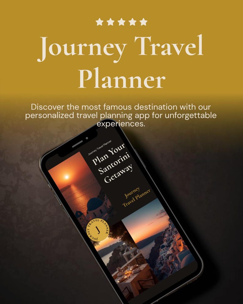 Peut inclure: Un smartphone affichant l'application "Journey Travel Planner", avec le texte "Plan Your Santorini Getaway". L'interface de l'application pr&eacute;sente des destinations de voyage. Le fond est un d&eacute;grad&eacute; or et marron fonc&eacute;.