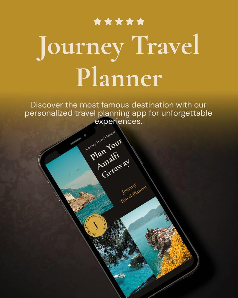 K&ouml;nnte beinhalten: Ein Smartphone zeigt die App "Journey Travel Planner" mit Reisezielen. Die App-Oberfl&auml;che zeigt K&uuml;stenbilder und den Text "Plan Your Amalfi Getaway". Der Hintergrund ist ein Gold- bis Dunkelbraun-Verlauf.
