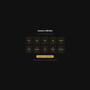 Puede incluir: Un fondo oscuro con el texto "Journey Collection" y "ALL 10 INTERACTIVE TRAVEL PLANNERS". Debajo, 10 iconos cuadrados con destinos de viaje como Roma y Par&iacute;s. Un bot&oacute;n amarillo dice "SAVE 58% - ALL 10 FOR $24.99."
