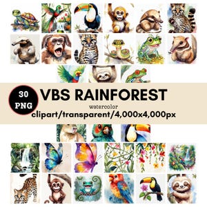 May include: A collection of 30 watercolor rainforest clipart images, including animals like a toucan, monkey, and sloth, plus butterflies and waterfalls. The text reads "VBS RAINFOREST" and "watercolor clipart/transparent/4,000x4,000px".
