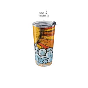 May include: A cylindrical tumbler with a clear plastic lid featuring a graphic print of a yellow and orange sun above stylized blue clouds and waves. The text "me & mama" is printed in black above the tumbler against a plain white background.