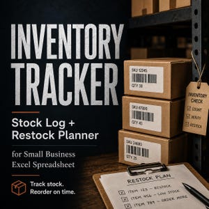 以下が含まれることがあります： 在庫管理用Excelスプレッドシートの画像。INVENTORY TRACKER Stock Log + Restock Planner for Small Business Excel Spreadsheetというテキストが表示されています。SKUと数量ラベルが貼られた3つの積み重ねられた茶色の段ボール箱、手書きの再入荷計画が書かれたクリップボード、INVENTORY CHECKと書かれたタグが写っています。