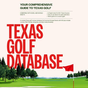 May include: An image promoting a Texas golf database. The words "TEXAS GOLF DATABASE" are in large red letters. The image features a golf course scene with trees, a green, and a red flag. The text at the top reads "YOUR COMPREHENSIVE GUIDE TO TEXAS GOLF."