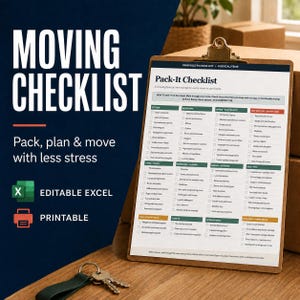 May include: A printable moving checklist on a wooden clipboard with a metal clip. The document is titled Pack-It Checklist and features organized columns for kitchen, bedroom, office, and storage items with checkboxes for tracking household goods.