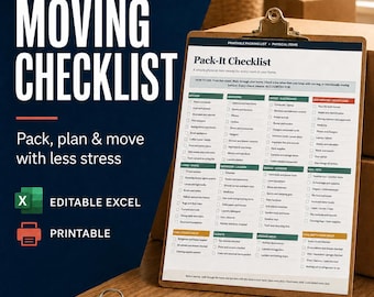 Moving Checklist Spreadsheet | Printable Move Planner | Editable Excel Relocation Organizer