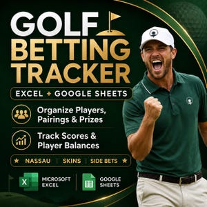 May include: An advertisement for a golf betting tracker, featuring the text "GOLF BETTING TRACKER" in gold. The image includes the text "EXCEL + GOOGLE SHEETS", and icons for organizing players, tracking scores, and player balances. A golfer is shown celebrating.