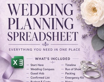 Wedding Planning Spreadsheet with Guest List, Budget, Timeline and Meal Tracker