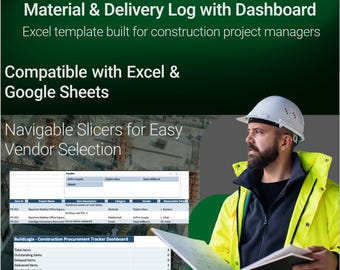 Construction Procurement Tracker Template for Excel and Google Sheets, Material & Delivery Log with Dashboard