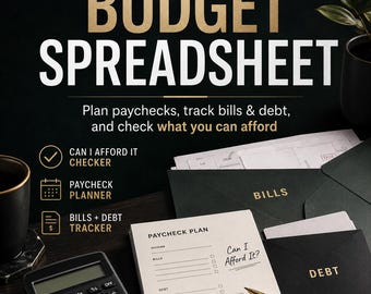 Budget Spreadsheet with Can I Afford It Checker, Paycheck Planner, Bills and Debt Tracker
