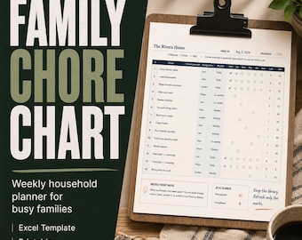 Family Chore Chart Excel Template, Printable Weekly Household Chore Planner