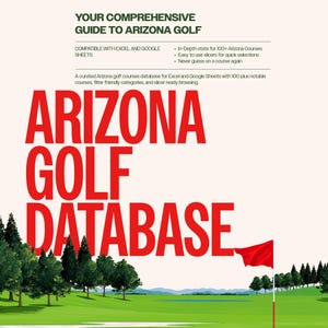 Può includere: Grafica promozionale per l'Arizona Golf Database. L'immagine presenta una scena di campo da golf con il testo "ARIZONA GOLF DATABASE" in grandi lettere rosse. Il testo aggiuntivo include "YOUR COMPREHENSIVE GUIDE TO ARIZONA GOLF".