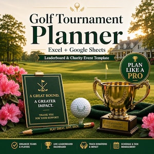 Może przedstawiać: Grafika planera turnieju golfowego z tytułem "Golf Tournament Planner" i tekstem "Excel + Google Sheets". Obraz zawiera piłkę golfową, trofeum, schowek i ołówek na zielonym polu golfowym. Tekst brzmi "Planuj jak profesjonalista."