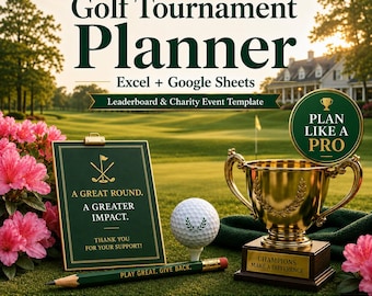 Planejador de torneio de golfe para Excel e Planilhas Google, tabela de classificação de golfe e modelo para evento beneficente