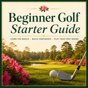Puede incluir: Imagen de una guía de golf para principiantes con un campo de golf de fondo. El texto "Beginner Golf Starter Guide" se destaca, con las frases "Learn the Basics", "Build Confidence" y "Play Your First Round".