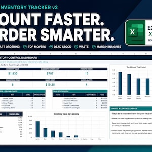 May include: A digital bar inventory tracker spreadsheet template in Excel format. The dashboard displays inventory value, suggested order costs, top movers, dead stock, and waste cost metrics with bar charts and tables for data visualization.