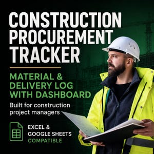Planilha de controle de compras para construção civil, compatível com Excel e Planilhas Google, registro de materiais e entregas com painel de controle.