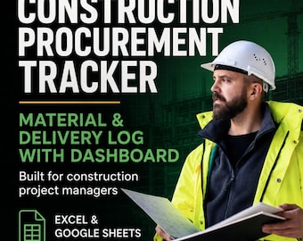 Planilha de controle de compras para construção civil, compatível com Excel e Planilhas Google, registro de materiais e entregas com painel de controle.