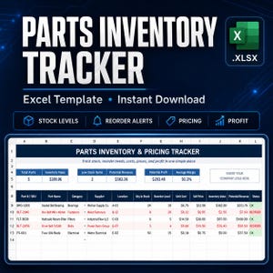 May include: A digital parts inventory tracker Excel template featuring a dark blue header with white text reading PARTS INVENTORY TRACKER. The spreadsheet displays columns for part names, stock levels, reorder alerts, pricing, and profit data.