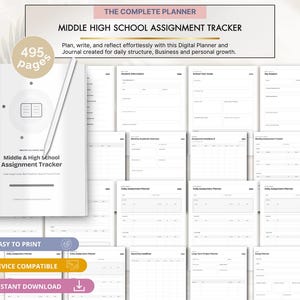 Może przedstawiać: Cyfrowy planer zatytułowany Middle & High School Assignment Tracker zawierający 495 stron. Układ zawiera różne szablony do wprowadzania informacji o uczniu, celów na rok szkolny, śledzenia przedmiotów oraz codziennych planów zajęć.