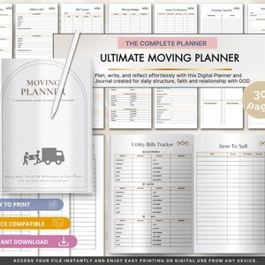 May include: A digital moving planner with 30 pages, featuring a cover titled MOVING PLANNER A THOUGHTFUL GUIDE TO YOUR NEXT CHAPTER with a truck icon. The interior pages include trackers for utility bills, items to sell, and moving budgets.