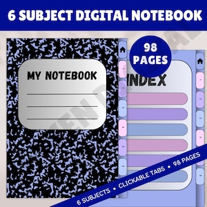 May include: Digital notebook with a black and white speckled cover and the text "MY NOTEBOOK." The notebook features six subjects, clickable tabs, and 98 pages. The index and tabs are in shades of purple and blue.