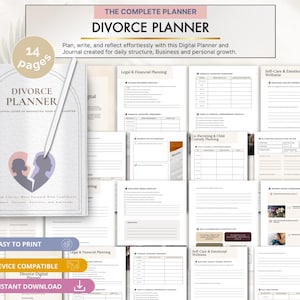 Puede incluir: Un planificador de divorcio digital con 14 páginas de plantillas para planificación legal, financiera y emocional. La portada muestra el texto Divorce Planner, un gráfico de corazón y un lápiz óptico. Incluye listas de verificación y hojas.
