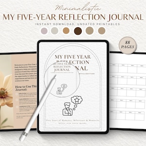 May include: A digital five-year reflection journal displayed on three tablet screens with a white stylus. The pages feature text titled MY FIVE-YEAR REFLECTION JOURNAL, an arch graphic, a person thinking icon, and a grid layout for 88 pages total.
