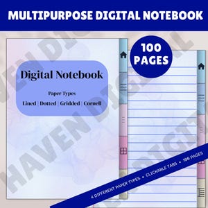 May include: A digital notebook with a light blue cover and the text "Digital Notebook." It features lined, dotted, gridded, and Cornell paper types. The notebook has 100 pages and clickable tabs. The title "MULTIPURPOSE DIGITAL NOTEBOOK" is at the top.