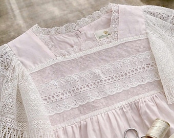 Vintage Lace Baby Dress, Soft Pink Cotton Dress with Embroidered Details, Toddler Girl Party Dress, Classic Smocked Dress, Birthday Outfit