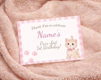 Biglietto di ringraziamento per il primo compleanno con gattino, modificabile – Modello rosa kawaii (download digitale)