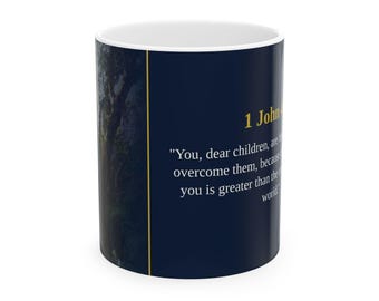1 Johannes 4: 4 Christliche Tasse | Größer ist er | Schrift Kaffeebecher | Überwindung des Glaubens Geschenk