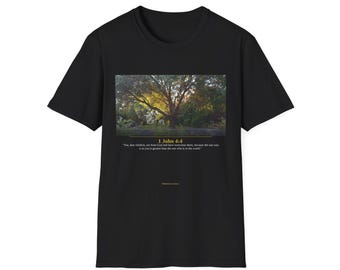 1 John 4:4 Christian T-Shirt | Greater Is He | Black Scripture Tee | Overcoming Faith Gift