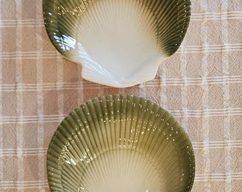 4 vintage green & cream scallop shell plates.