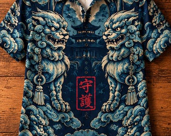 Japansk skjorta med knappar i väktarlejon, marinblå Komainu-pagodens Aloha-stil
