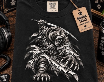 Grizzlybjörn Samurai T-shirt, Japansk krigarebjörn, Katana Ronin-konst (komfortfärger 1717)