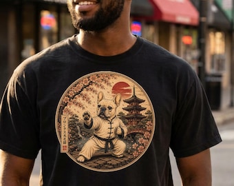 Kung Fu Fransk Bulldogg T-shirt, Japansk Karate Hund T-shirt, Bronx Tails Streetwear