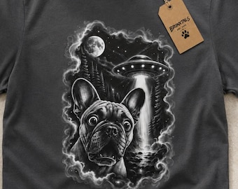 Koszulka z UFO z buldogiem francuskim, koszulka z grafiką z obcym buldogiem francuskim, prezent dla miłośnika psów science fiction