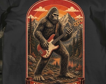 Bigfoot basgitarr-tröja, kryptid rockmusiker-tröja, retrografik-tröja