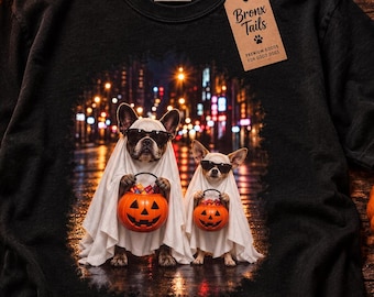 Fransk bulldogg Halloween-tröja, spökfransk bus-or-godis-design (komfortfärger/Gildan)