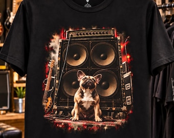 Fransk bulldogg rock & roll basförstärkare grafisk t-shirt, musikergåva, hundälskare