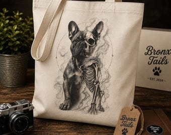 Gotisk fransk bulldogg skelett tygväska, mörk tatueringskonst canvasväska